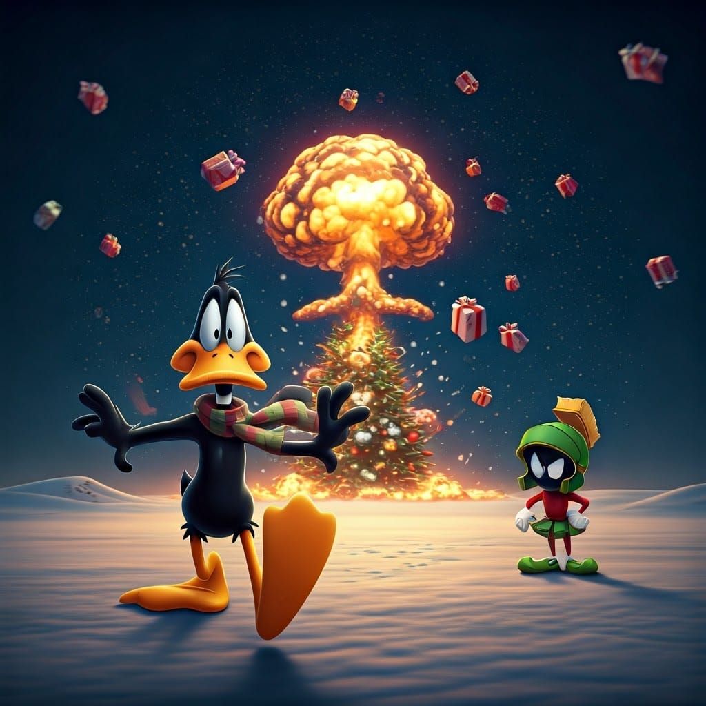 Surreal Daffy Duck in Christmas Chaos
