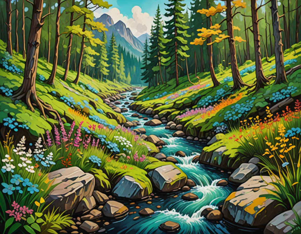 River Through a Neo-Impressionist Forest Landscape