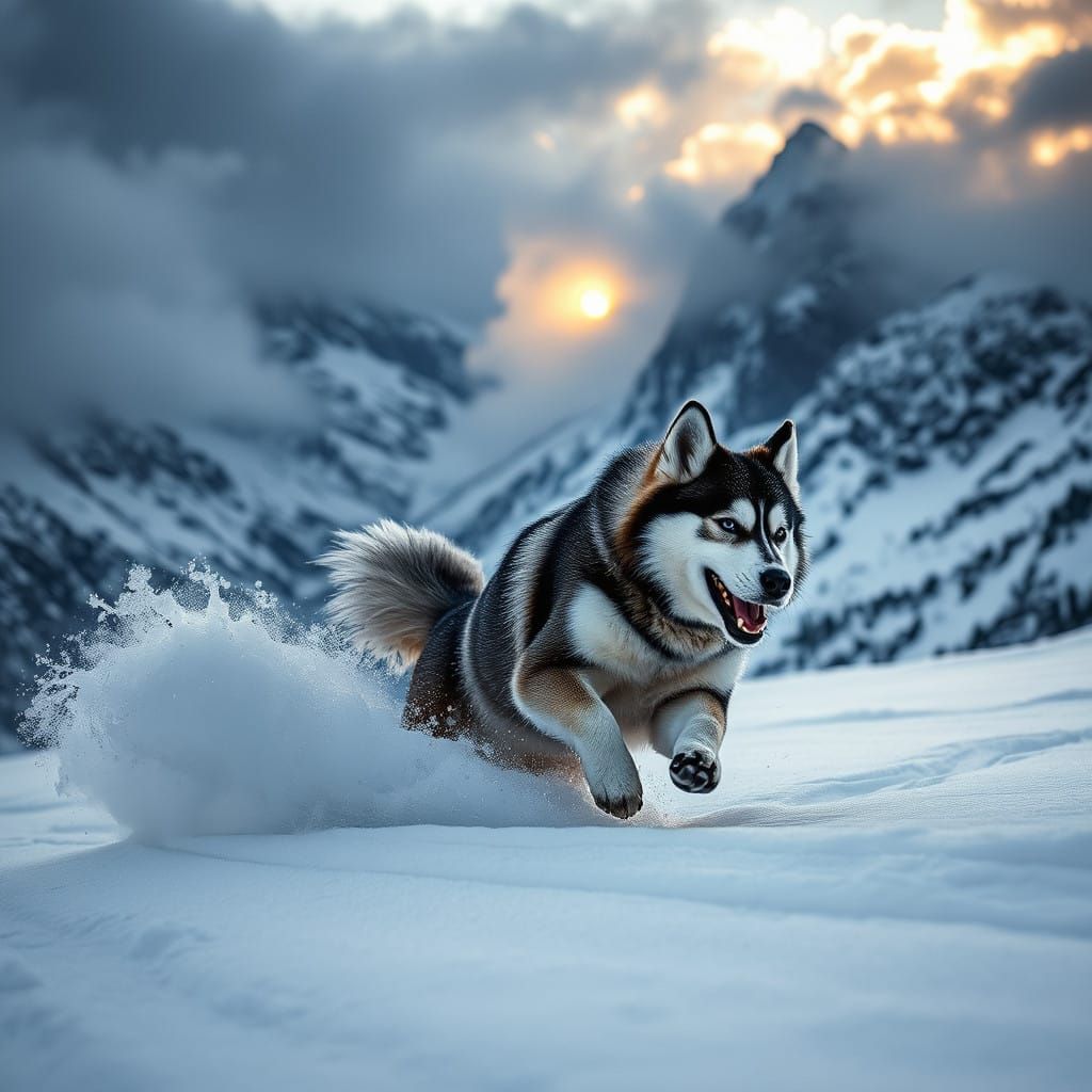 Siberian Husky Carves Through Powder on Snow-Covered Mountai...