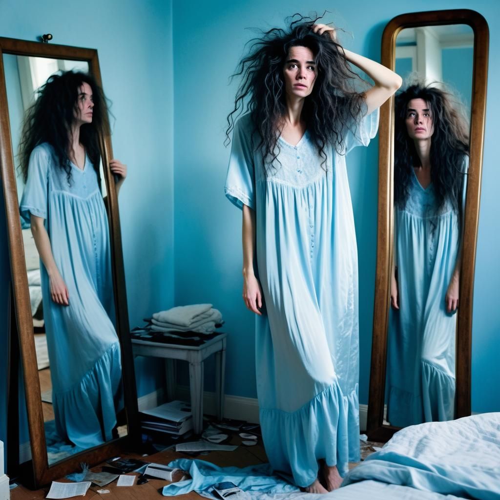 Young Woman with Disheveled Hair in Blue Bedroom