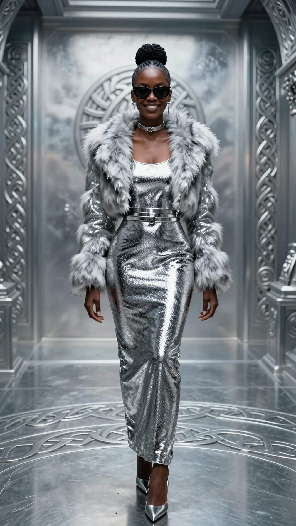 Futuristic Black Woman in Polished Silver Chamber