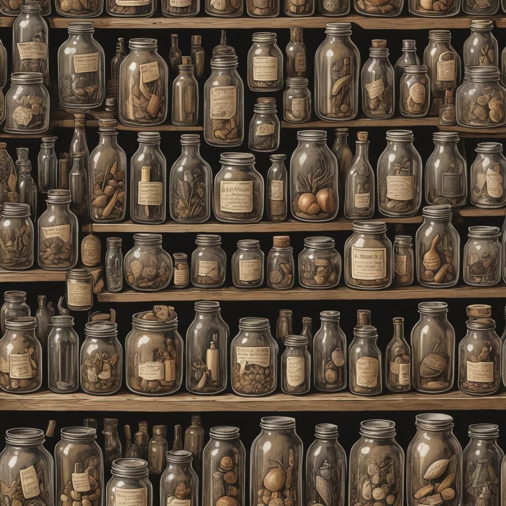 Eerie Brown-Toned Shelf of Jars and Bottles