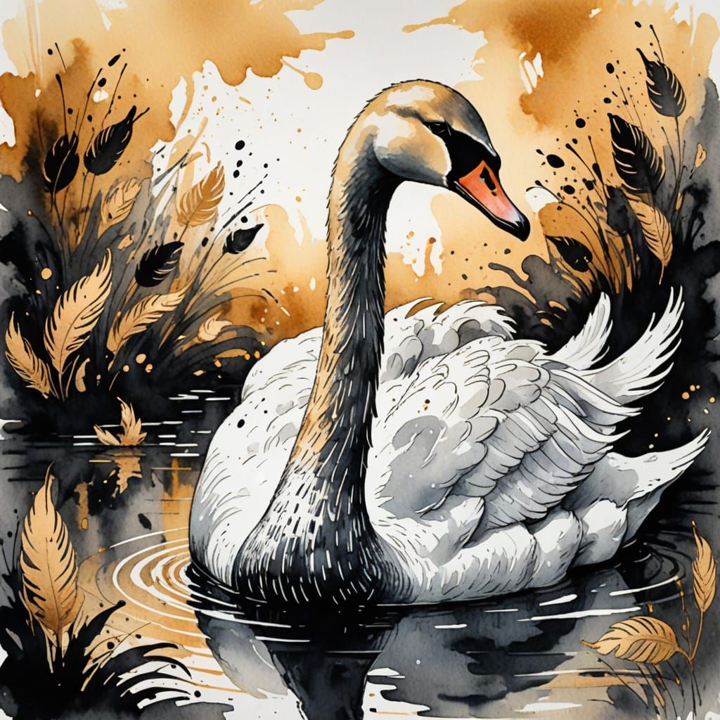 Stunning Black Ink Swan Watercolor Masterpiece on Paper Art