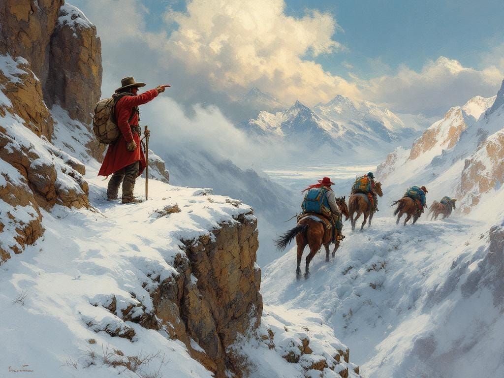 Frontiersman and Horses on Snowy Mountain Trail