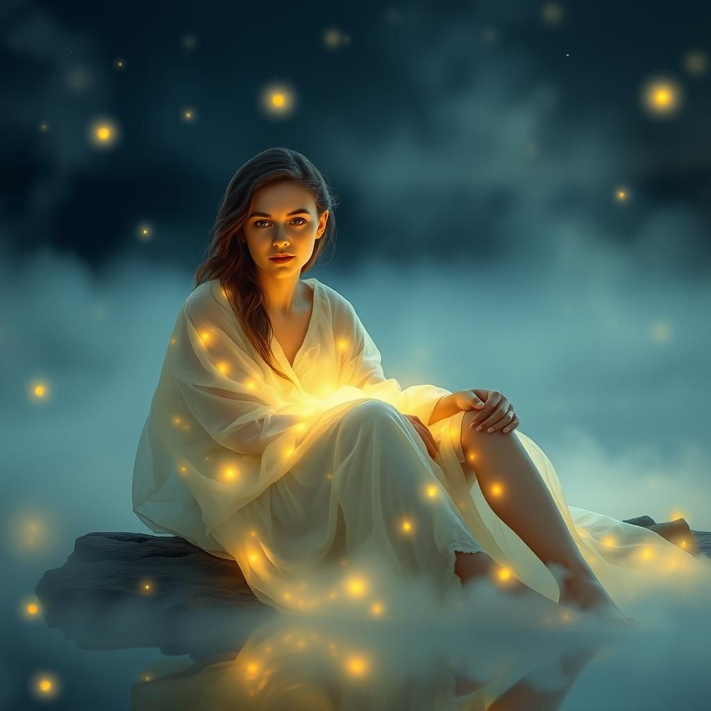 Dreamlike Lakeside Scene with Fireflies