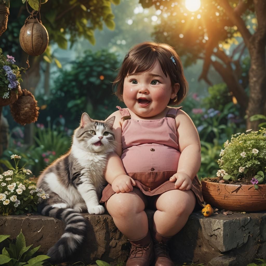 Girl and Cat Laughing in Garden: Detailed Digital Art