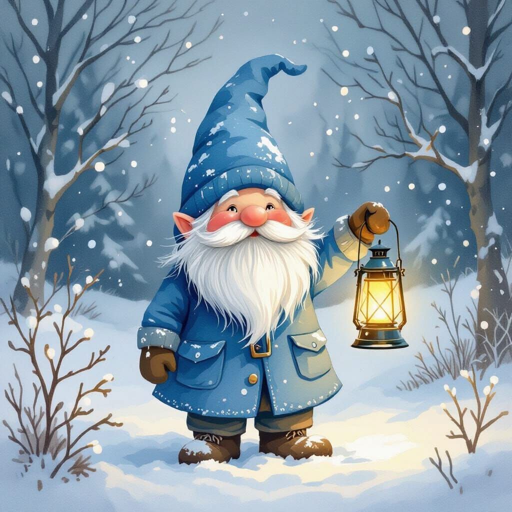Winter Gnome with Glowing Lantern in Snowy Landscape
