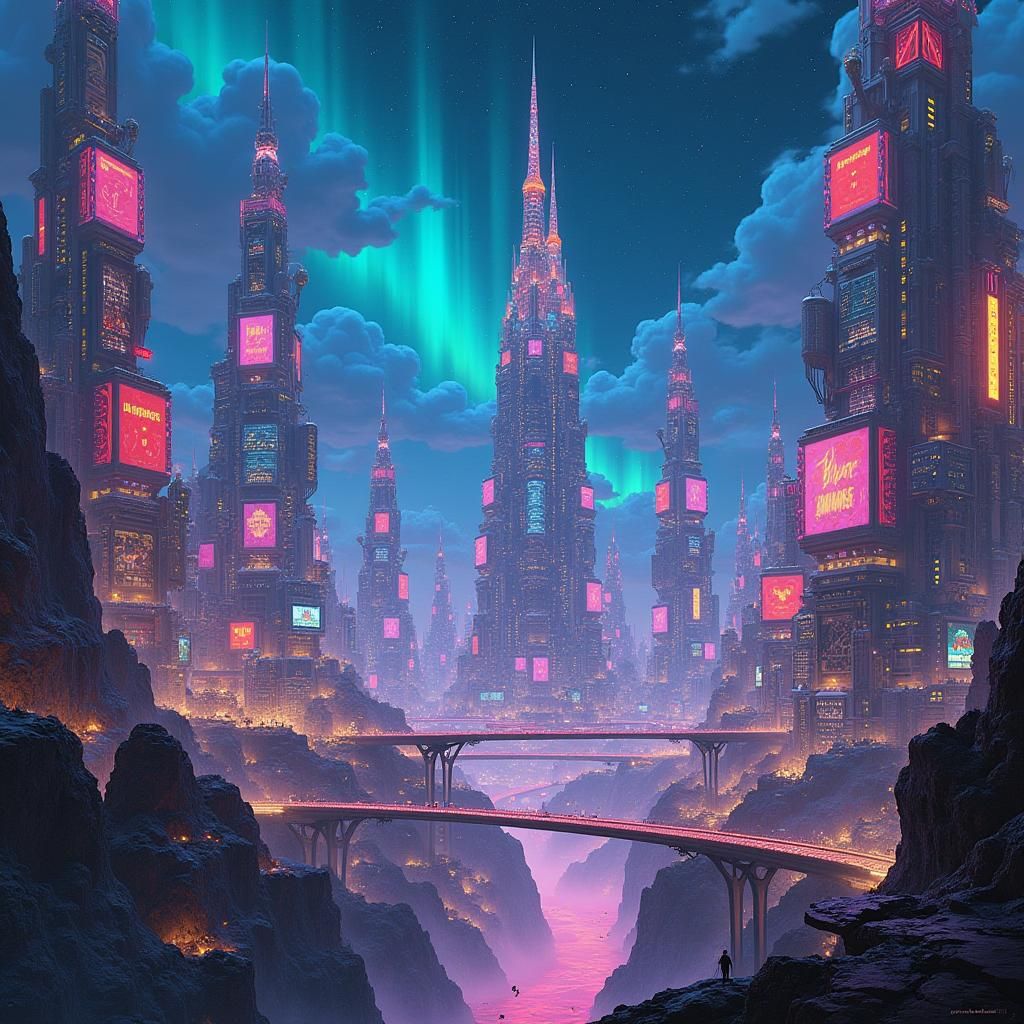 Futuristic Metropolis at Night in Detailed Matte Painting