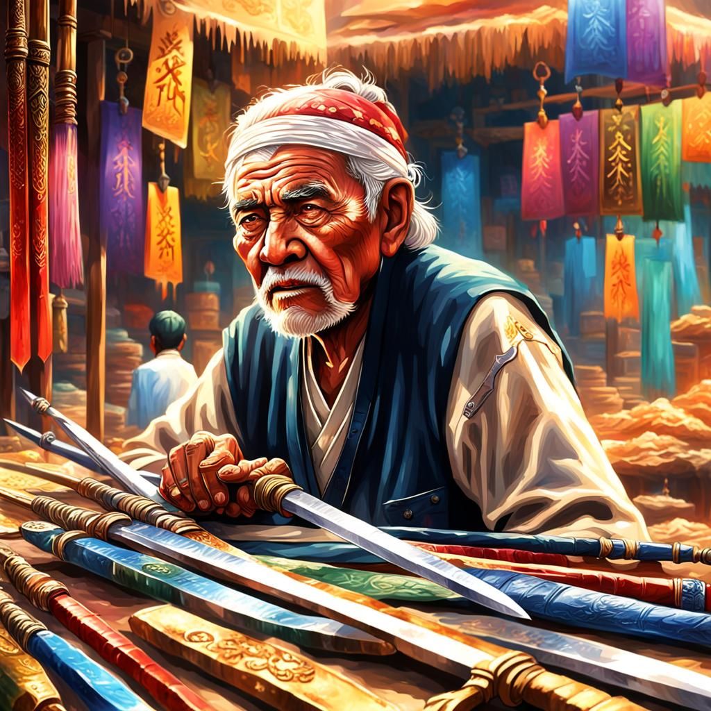 Swords and Spears for Sale: Hyperrealistic Market Scene