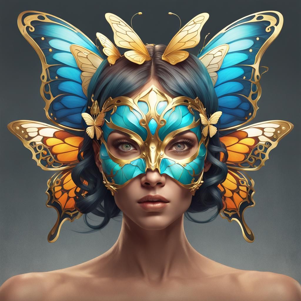 Golden Butterfly Mask Portrait, Detailed Digital Art