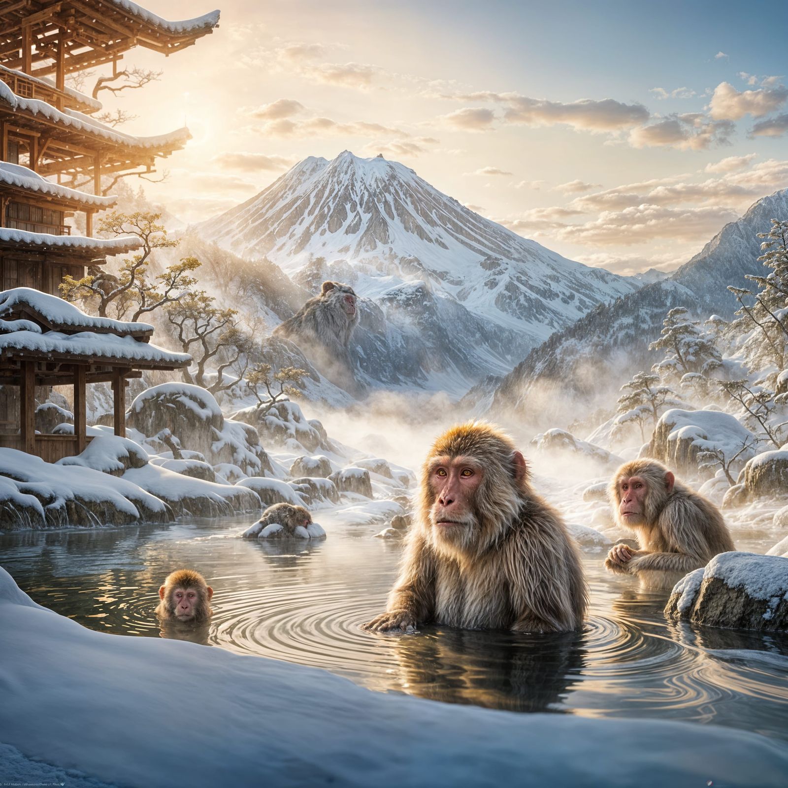 Snow Monkey in Onsen: Hyperrealistic Alphonse Mucha Style