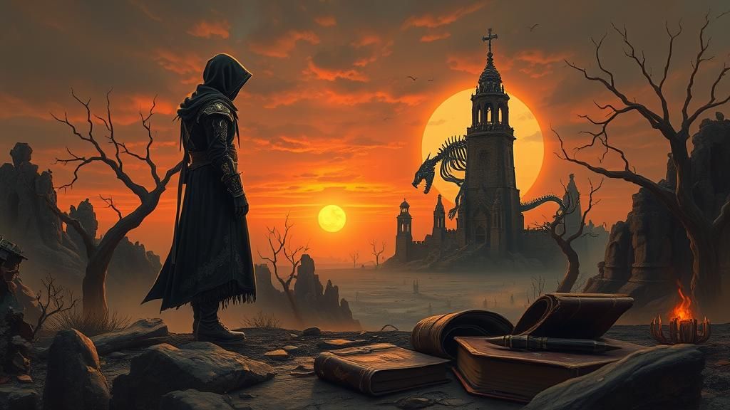 Gothic Figure in Post-Apocalyptic Dreamscape, Gouache Style