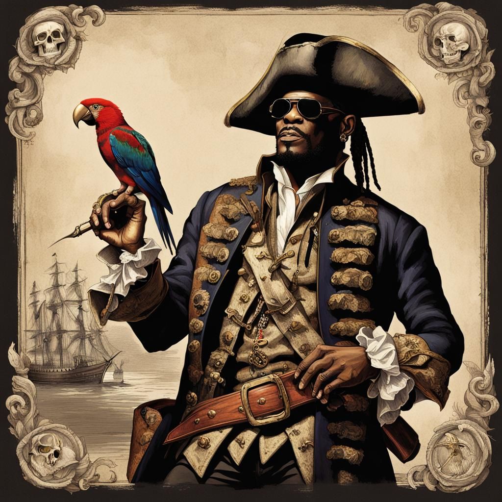 Pirate Character with Parrot, Detailed Matte Painting