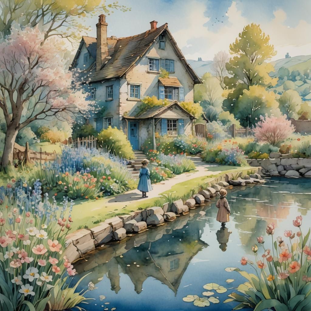 Watercolor House with Girl and River