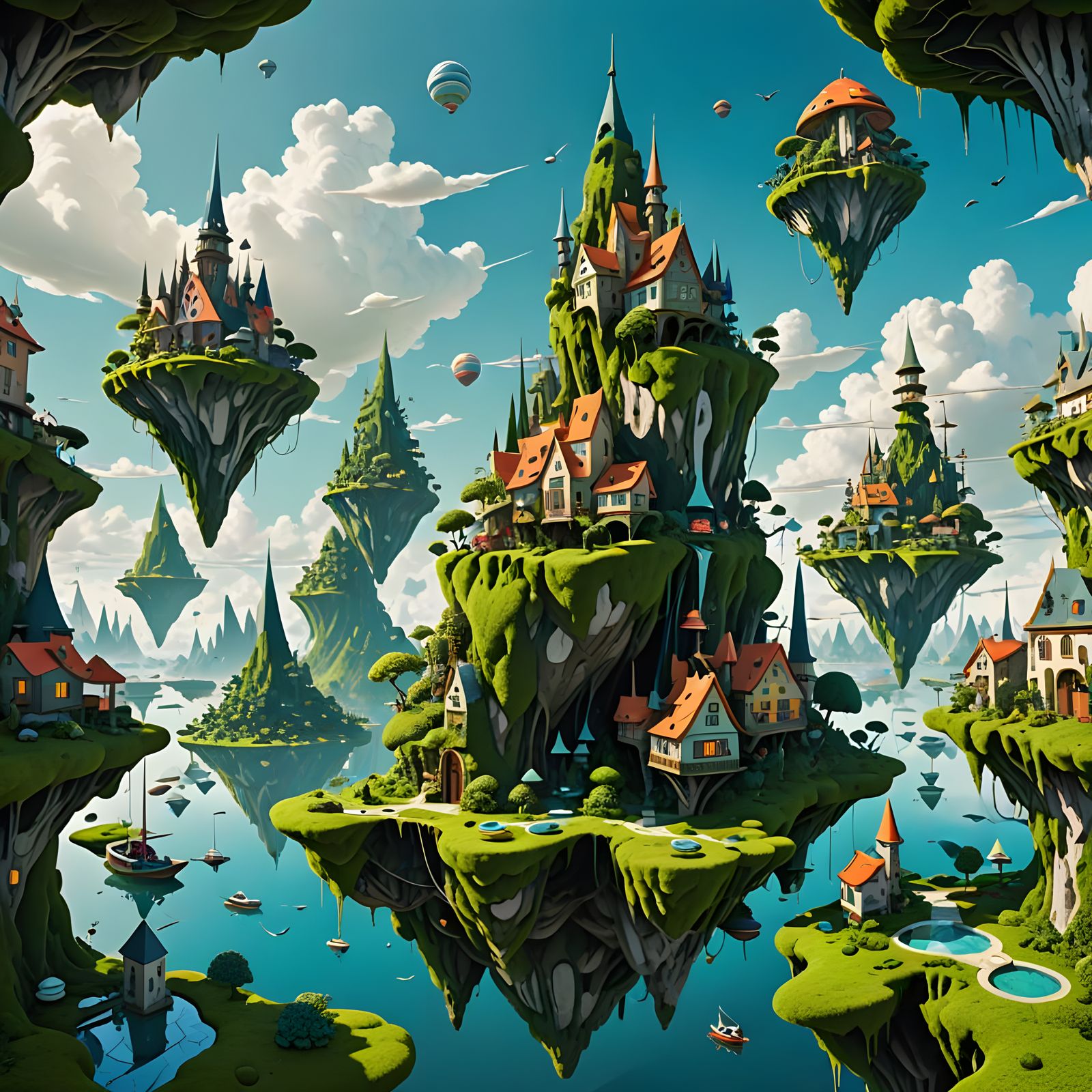 Surreal Floating Islands Cityscape with Bending Gravity