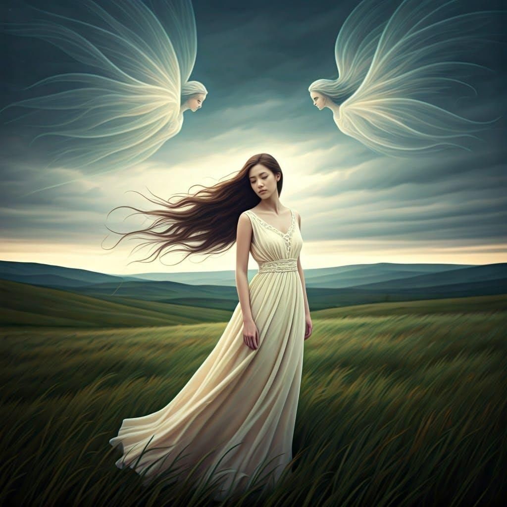 Woman Watched by Wind Spirits Under Cloudy Sky