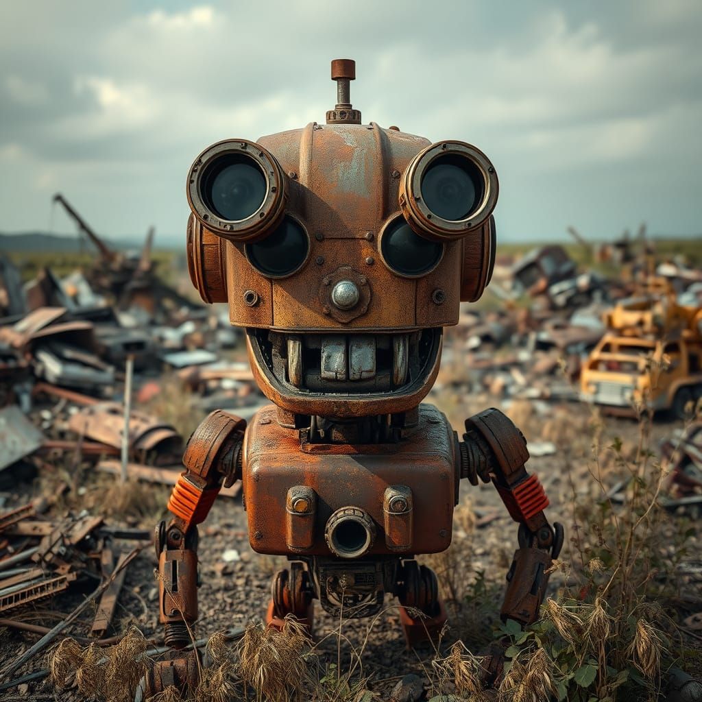 Rusty Robot in a Desolate Junkyard Scene