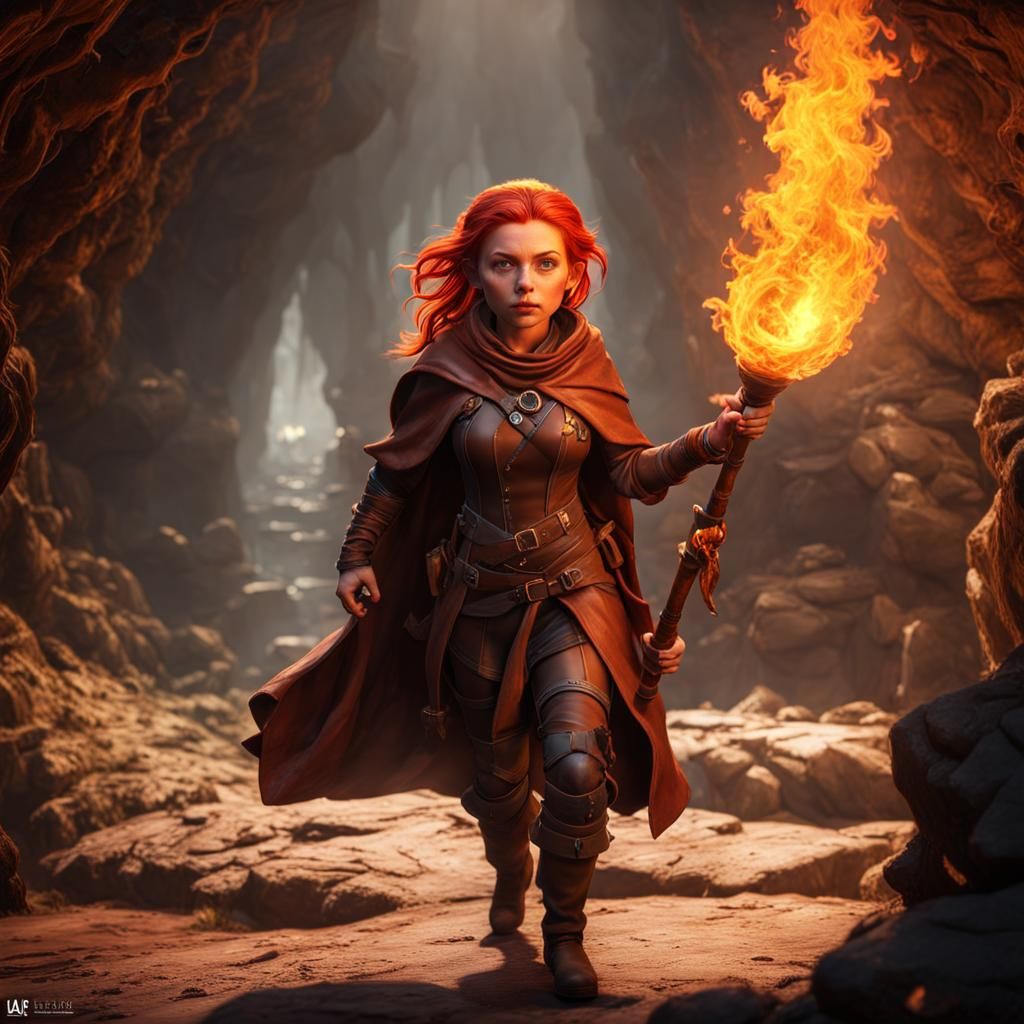 Halfling Rogue Exploring Cave in Fantasy Art Style