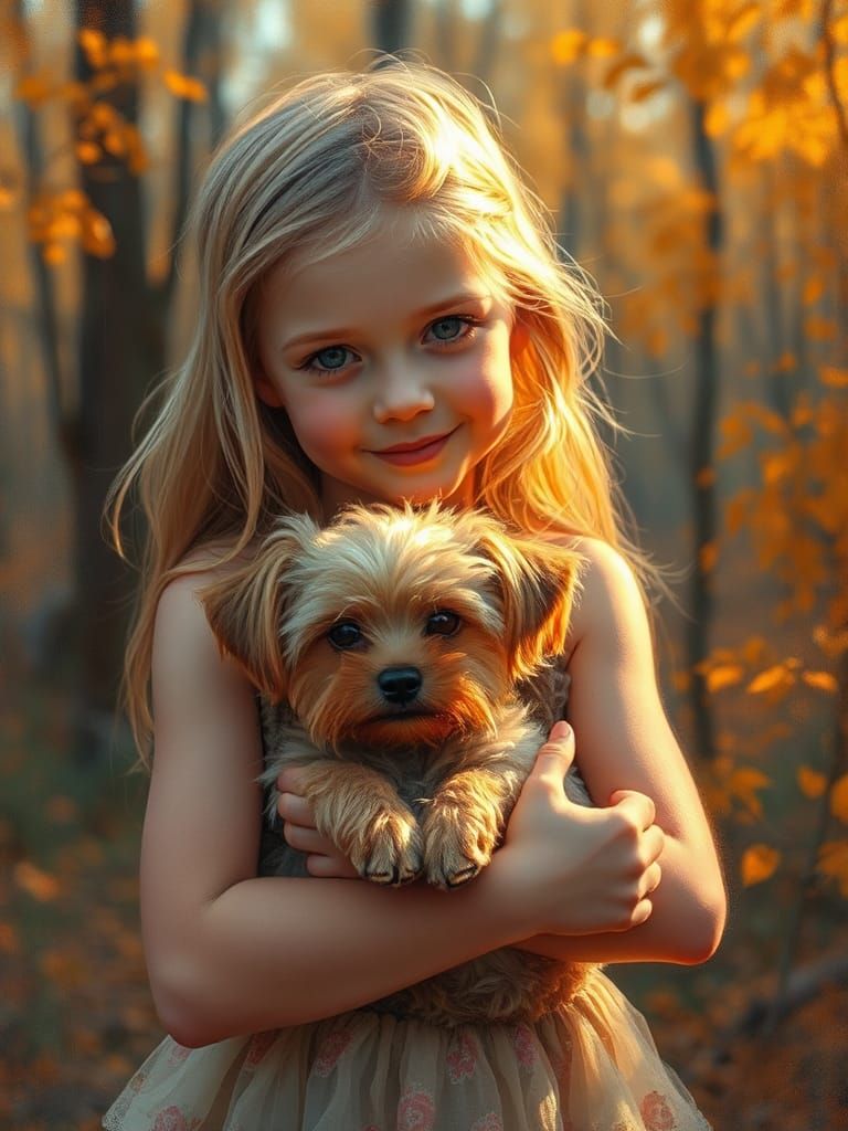 Girl with Puppy in Autumn, Impressionist Painting