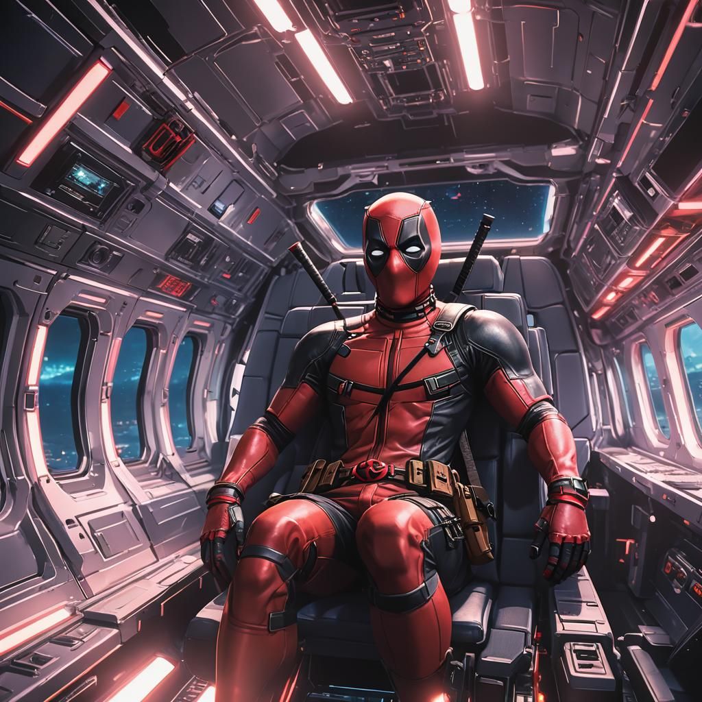 deadpool sitting in an aircraft