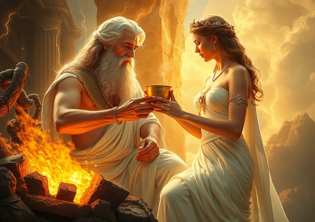Hephaestus and Aphrodite: Divine Forge in Golden Light