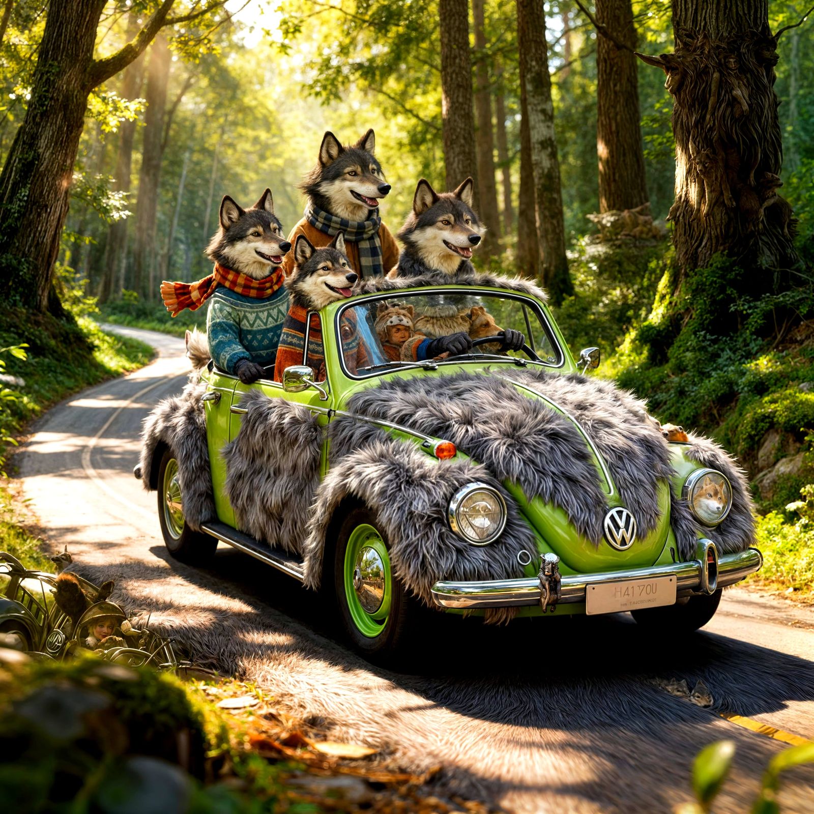 Anthropomorphic Wolf Family Drives Fur-Covered VW Beetle
