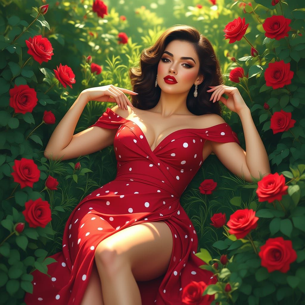 Hyper-Realistic Woman in Lush Rose Garden
