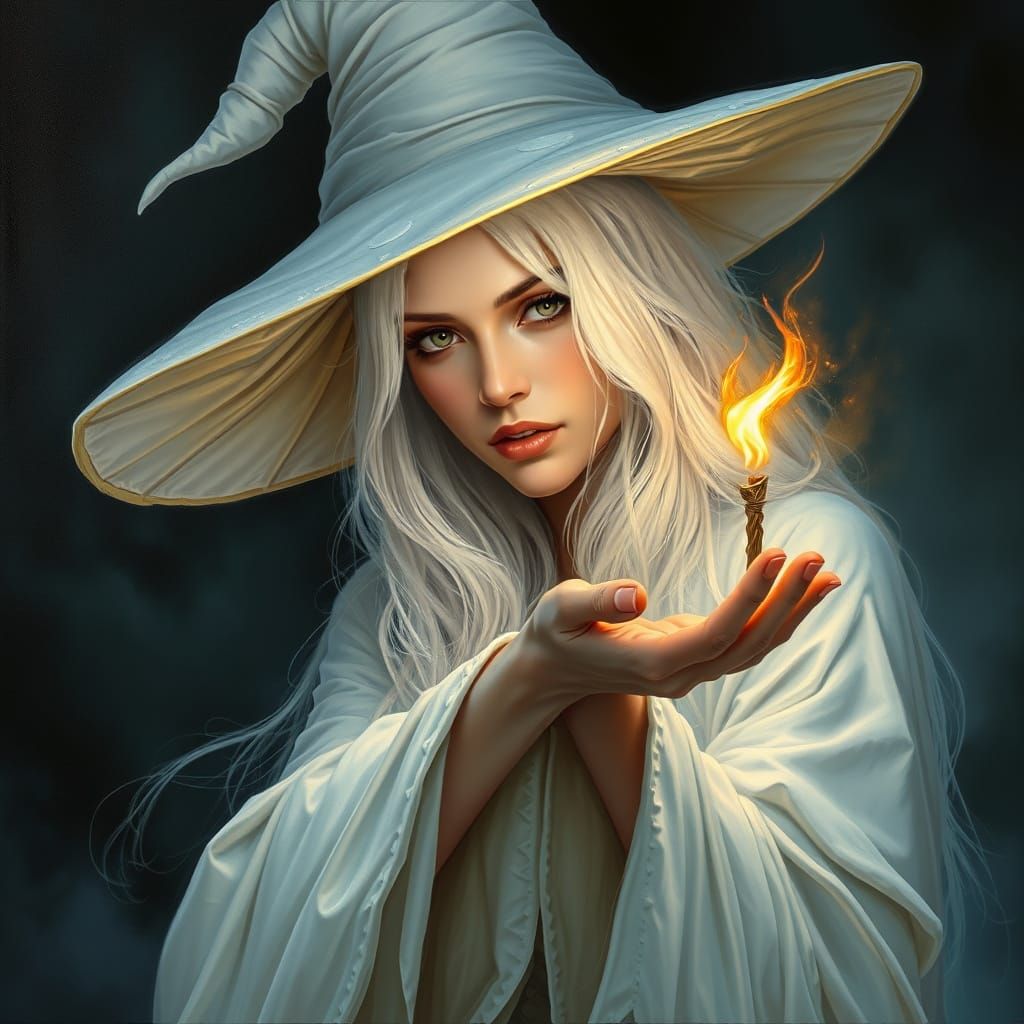 Mystical White-Haired Witch in Flowing White Attire, Pointed...