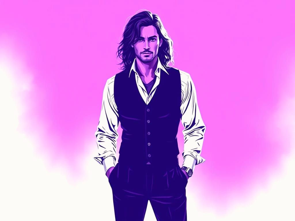 Handsome Man Silhouette in Purple and White Ink Illustration