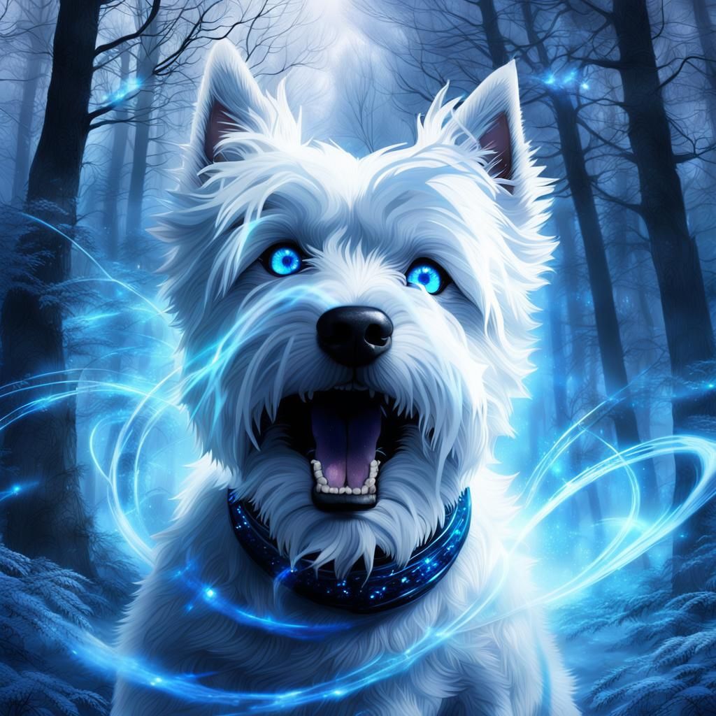 Blue-Eyed Westie Roars in a Blue-Tinted Forest