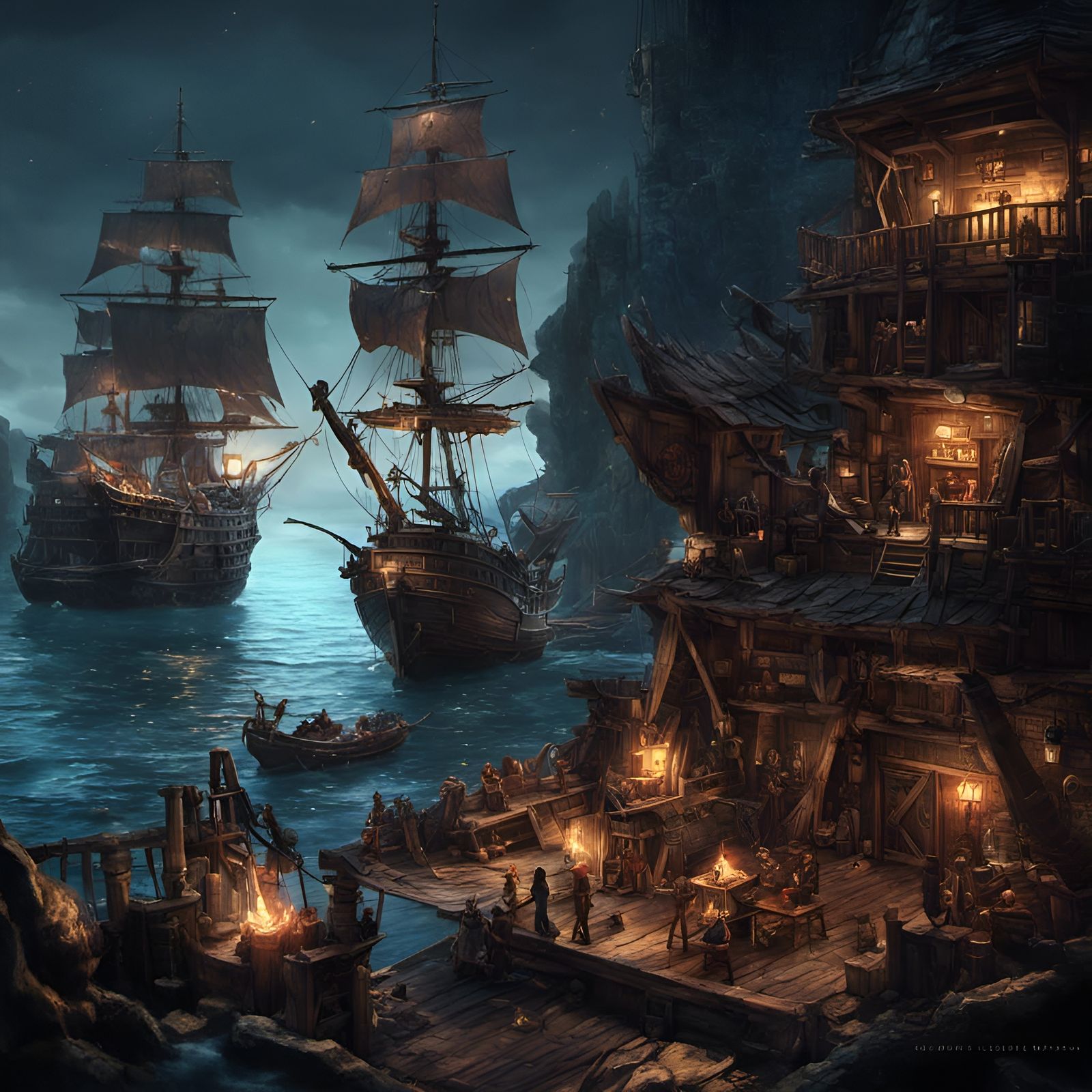 Isometric Pirate Hideout Illustration in Art Nouveau Style