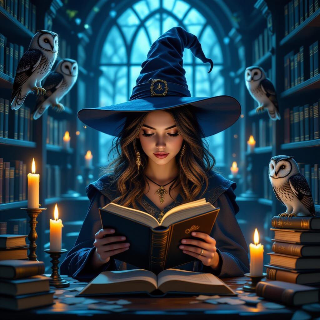 A young witch in a mystical hat reads a book surrounded by g...