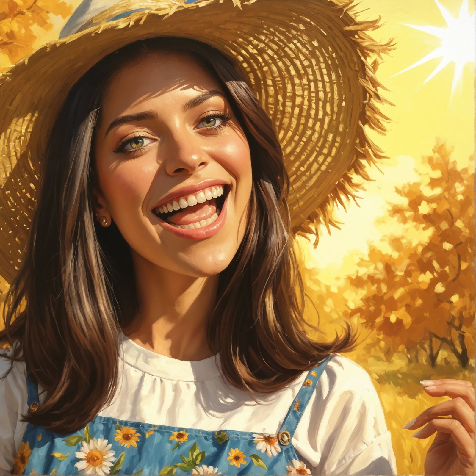 Oil Painting of a Playful Woman in Summer Attire