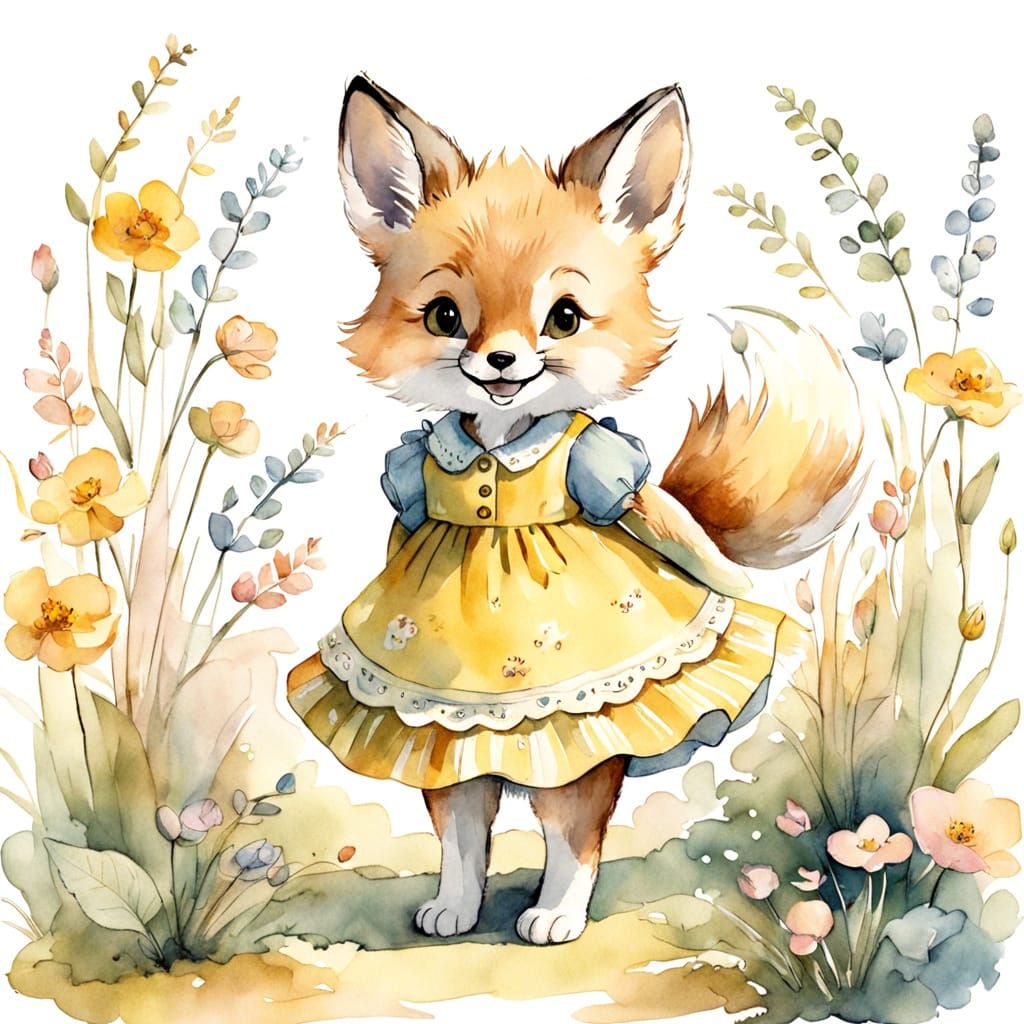 Delicate Fox Cub in Sundress, Whimsical Watercolor Style