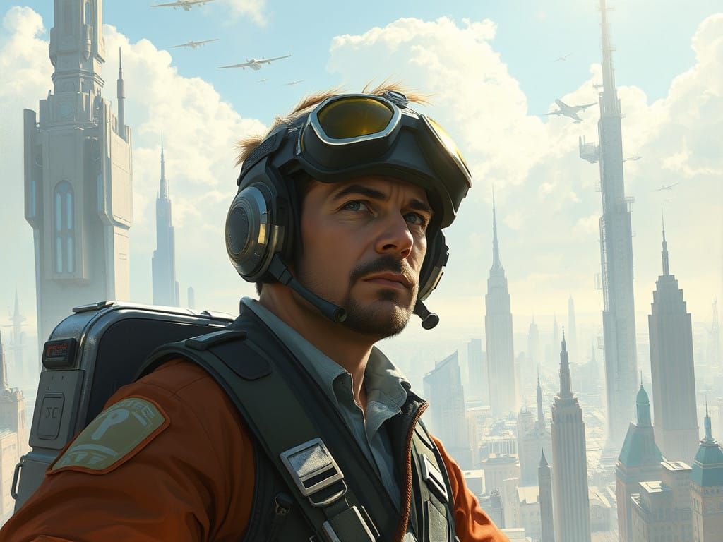 Ethereal Pilot in Futuristic Sky City