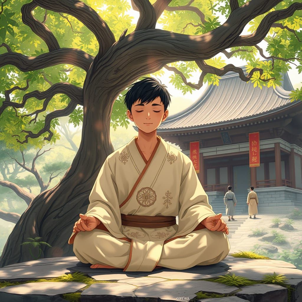 Serenely Meditating Young Man Under Ancient Tree