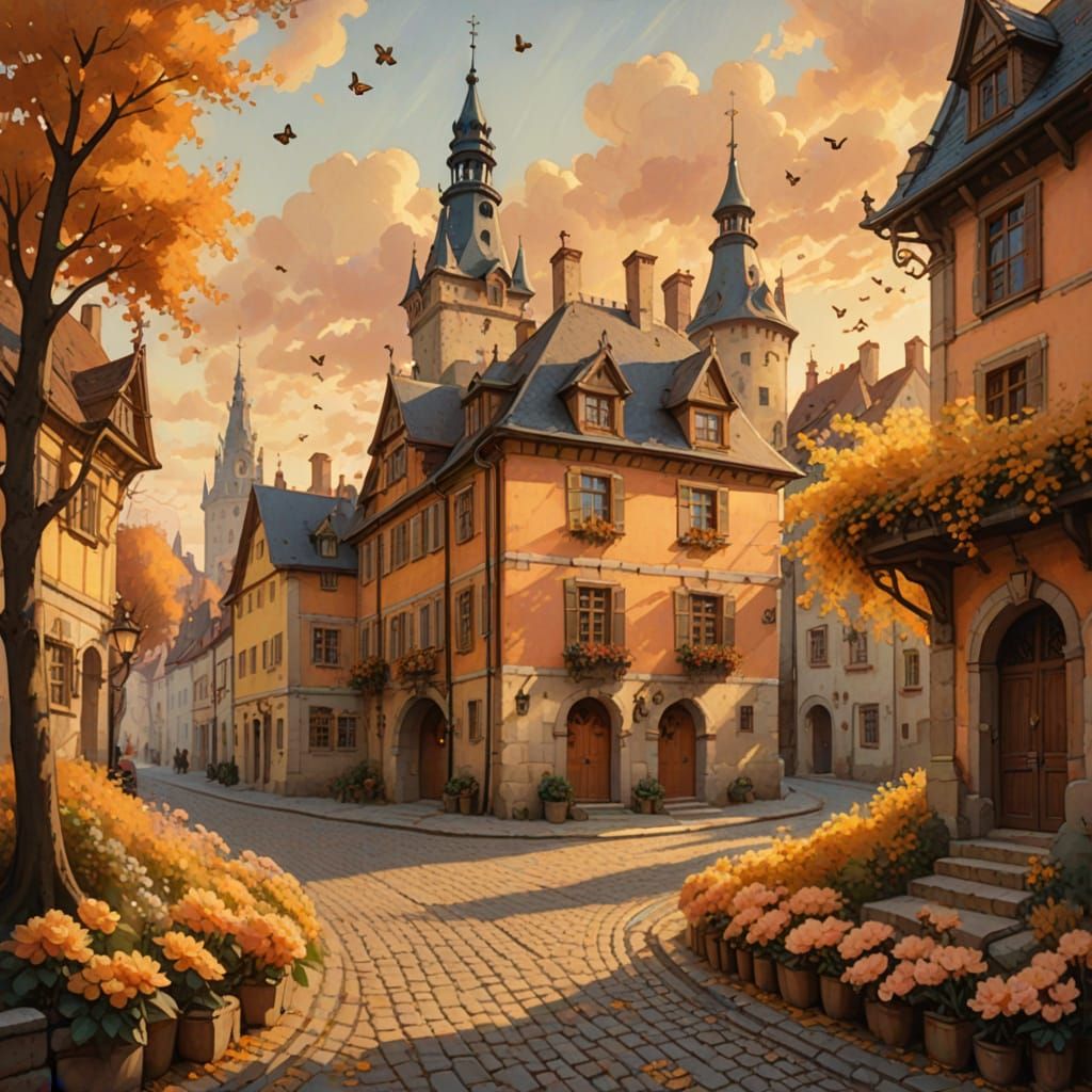 A picturesque, autumnal street scene.  A stately, stone, mul...