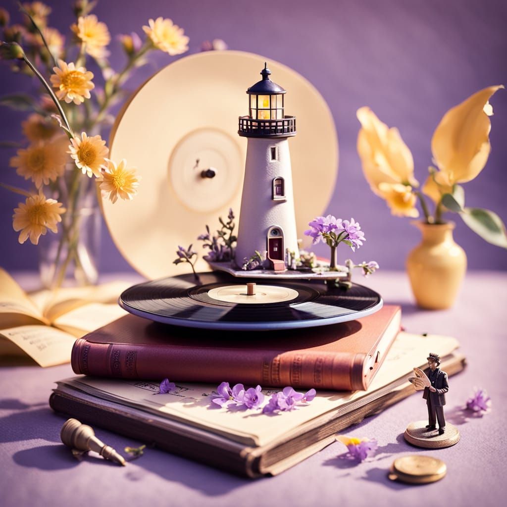 Whimsical Lighthouse and Beatles Still Life