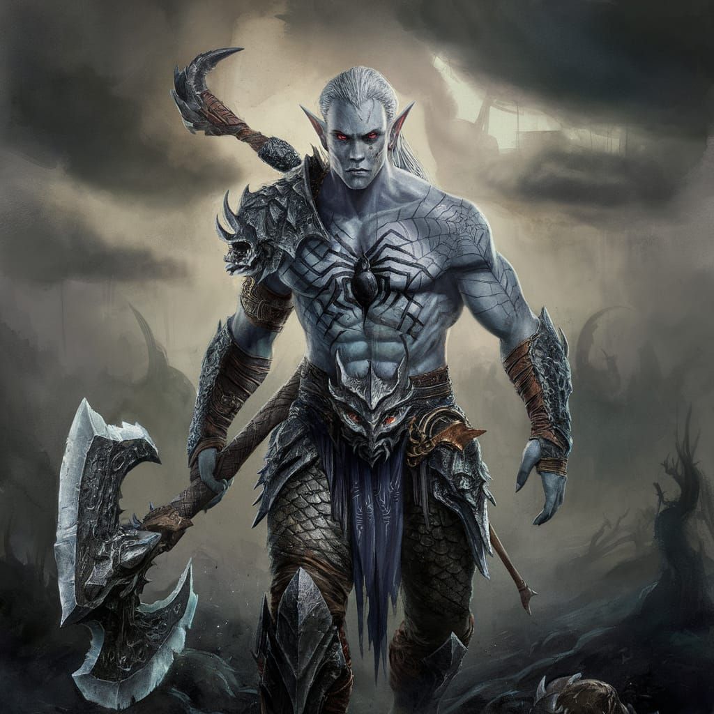 Drow Elf Warrior in Watercolor Style