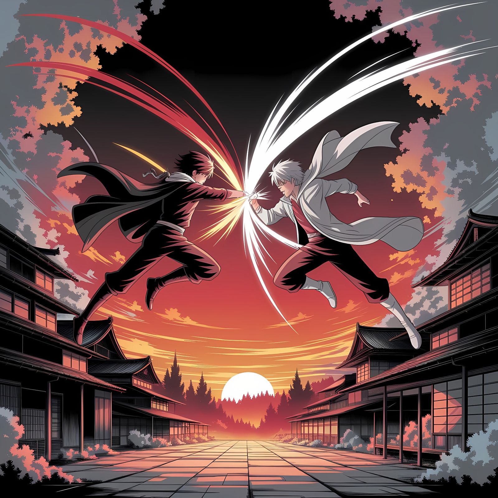 Anime Characters Clash with Elemental Attacks in Midair