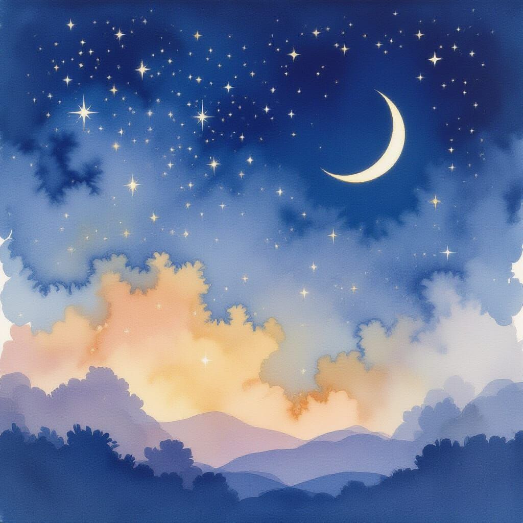 Dreamy Watercolor Night Sky with Celestial Bodies