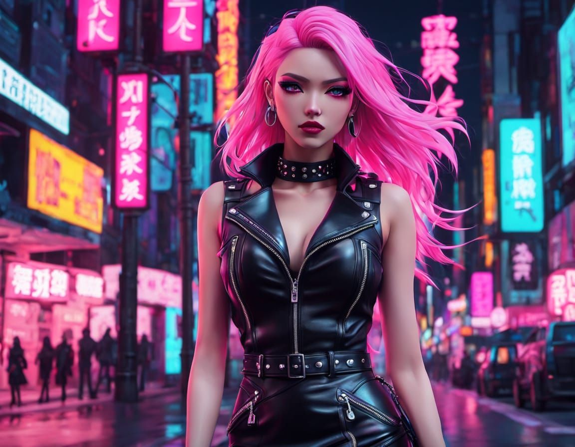 Anime Punk Siren in Neon City Street with Leather Fashion