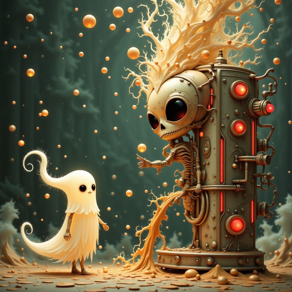 Whimsical Ghost Transforms into a Playful Skeleton in a Coff...