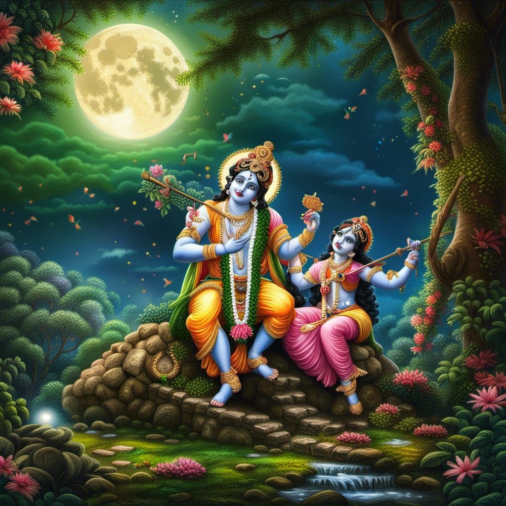 Radha Krishna in Moonlit Brindavan: Hyperrealistic Image
