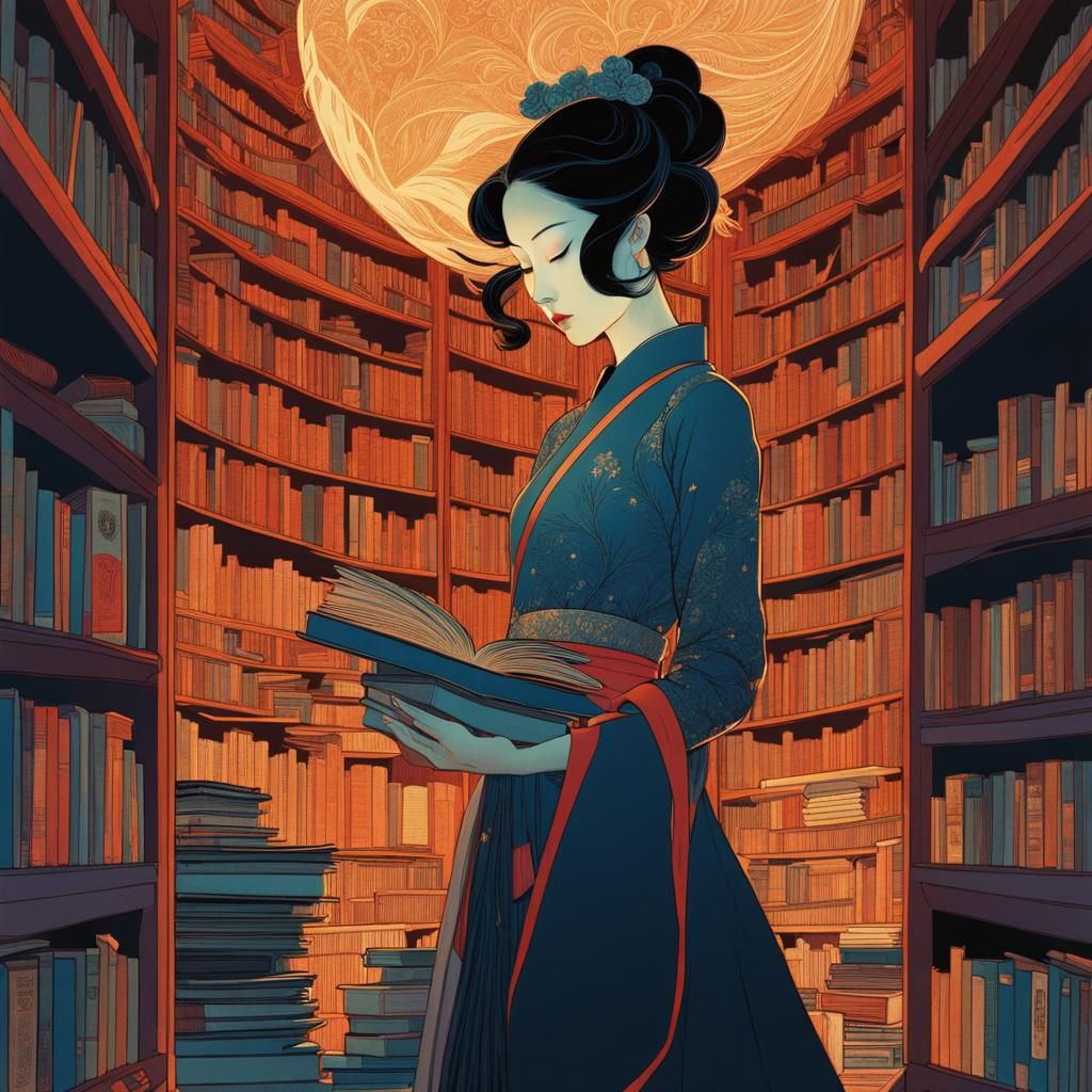 Korean Librarian Portrait with Whimsical Art Style