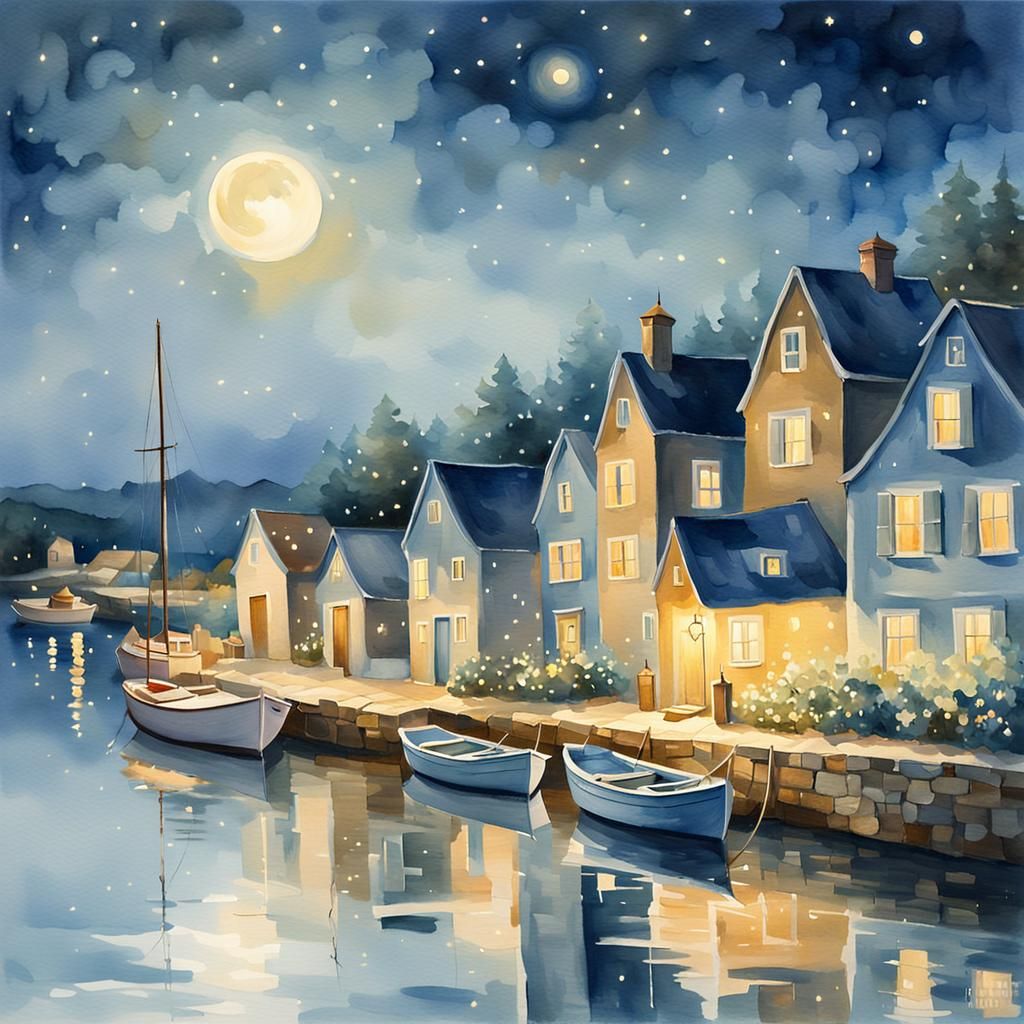 Moonlit Harbor Village in Dreamy Impressionist Style