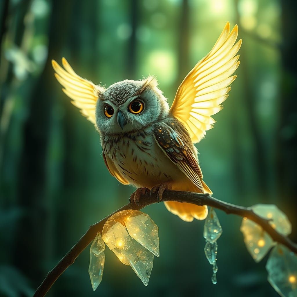 Magical Owl Perched on Crystal Branch in Twilight