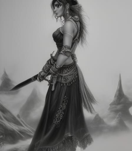Gypsy Witch Warrior and Bear Companion in Pencil Sketch