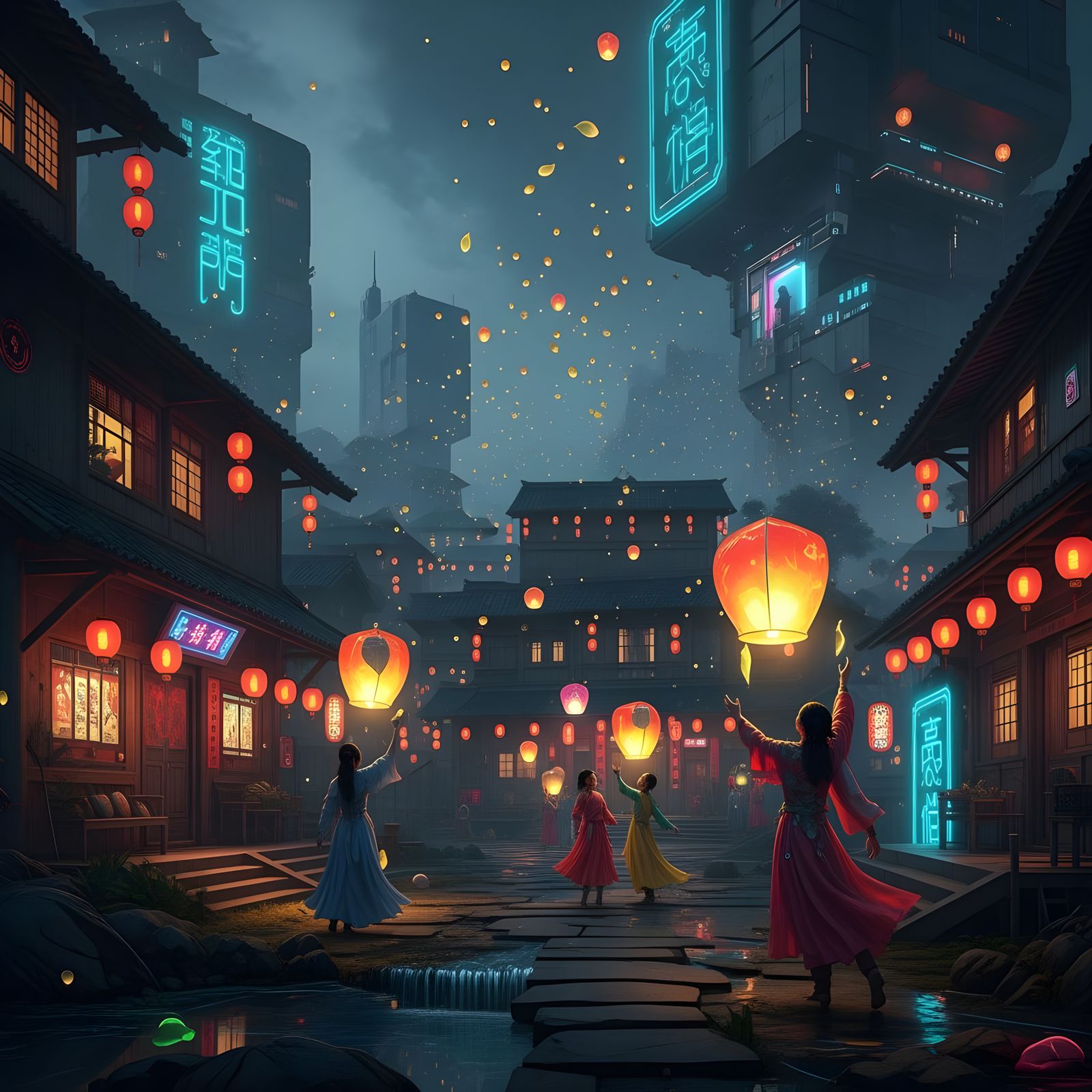 Cosmic Bloom Day Festival: Glowing Lanterns in Futuristic Vi...