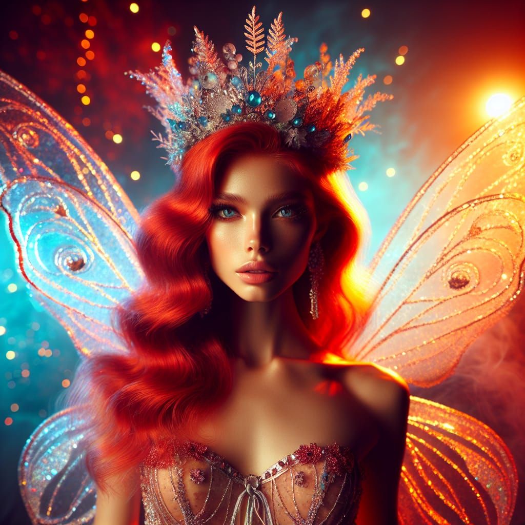 Ethereal Red-Haired Fairy Portrait with Magical Crown